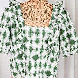 Sezane Green Tapestry Puff Sleeve Blouse